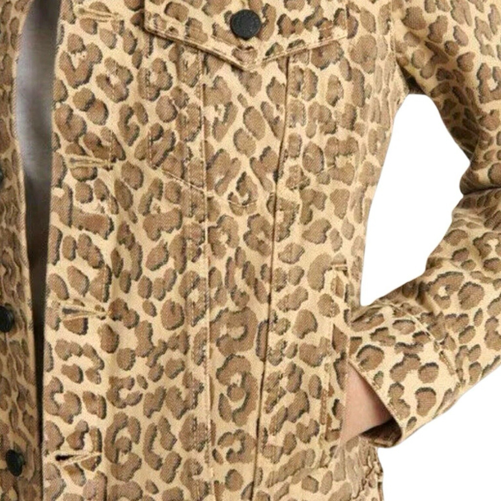 Lucky Brand Womens XS Leopard Denim Jacket The Tomboy Trucker Animal Print Brown - Picture 12 of 16